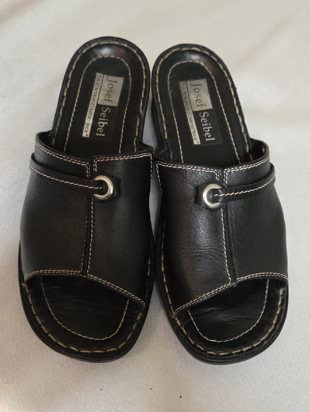 Josef Seibel Black Leather Open-Toe Slip-On Mules with Silver Ring